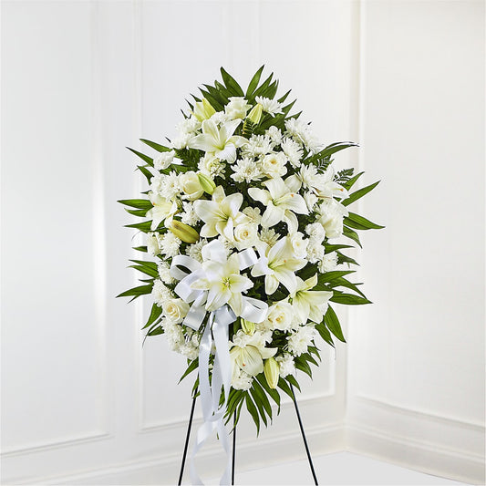 Exquisite Tribute Standing Spray-White Ribbon – THE SHOPPE ON KEY AVENUE FLORAL & GIFTS, Lampasas TX