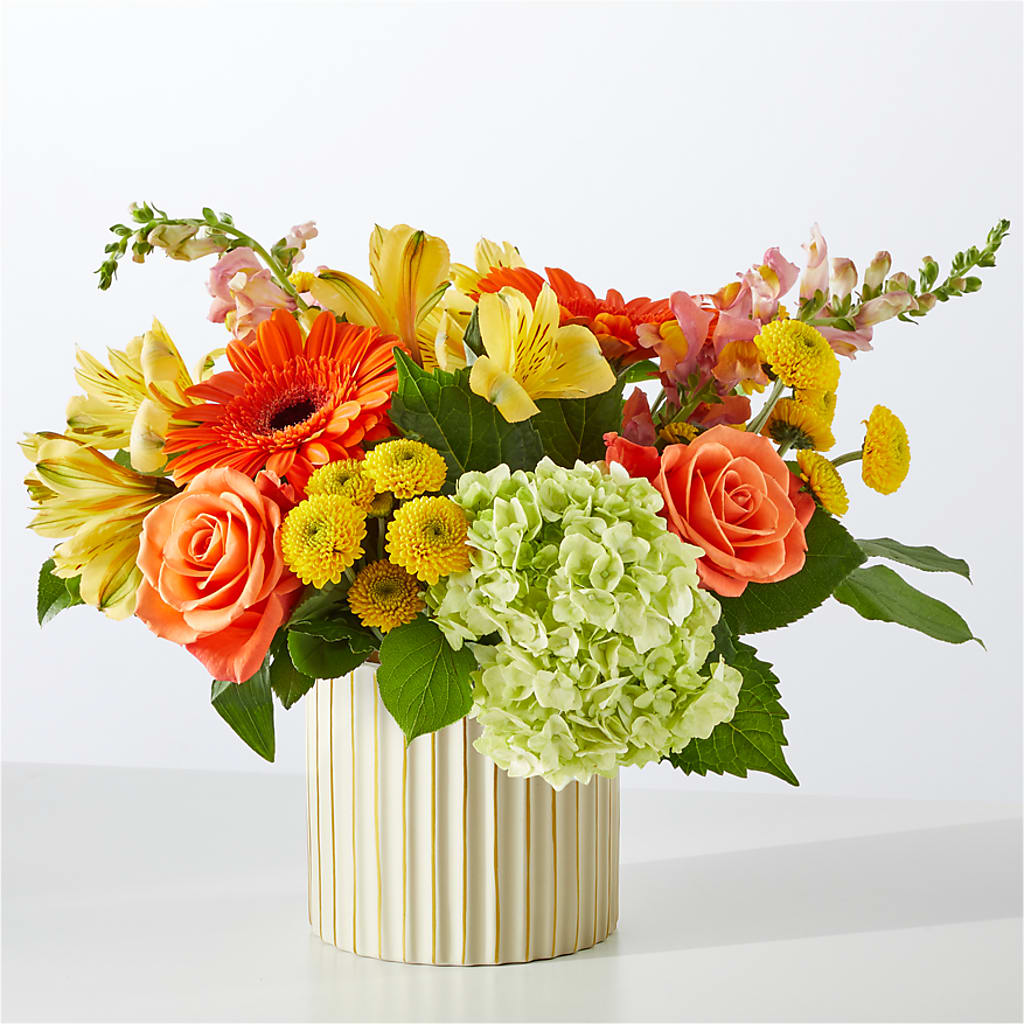 Autumn Sunshine Bouquet with Ivory Vase – The Shoppe At Wildflower Hill, Lampasas TX