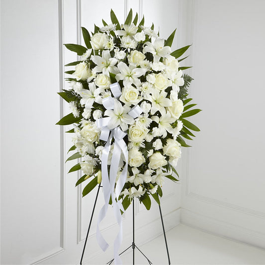 Exquisite Tribute Standing Spray-White Ribbon – THE SHOPPE ON KEY AVENUE FLORAL & GIFTS, Lampasas TX