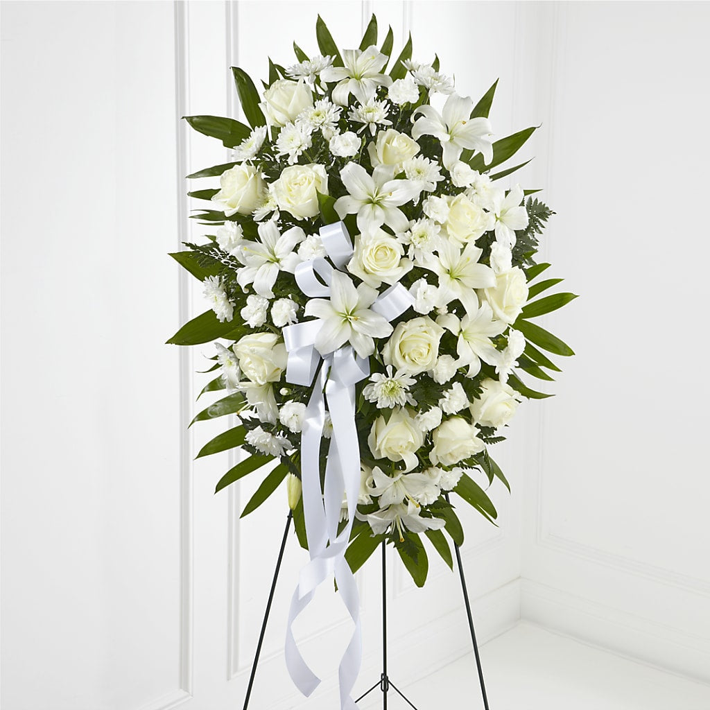 Exquisite Tribute Standing Spray-White Ribbon – THE SHOPPE ON KEY AVENUE FLORAL & GIFTS, Lampasas TX