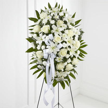 Exquisite Tribute Standing Spray-White Ribbon – THE SHOPPE ON KEY AVENUE FLORAL & GIFTS, Lampasas TX